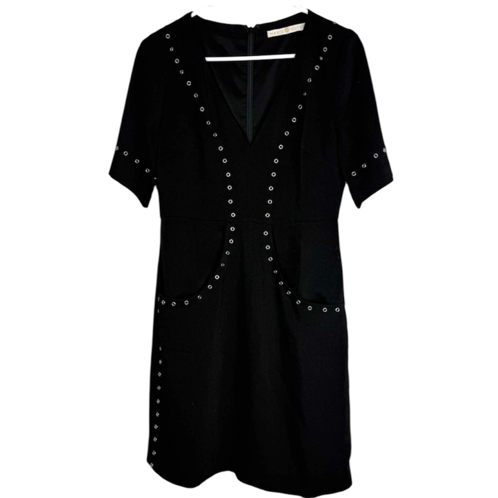 Marie Oliver Black Studded Mini Dress V Neck Short Sleeve Grommet Detail Size 6